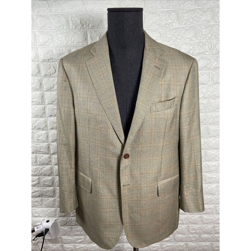 44 R  Brown Tan Over Check Plaid SILK WOOL 2-vent Blazer Jacket Coat E. THOMAS